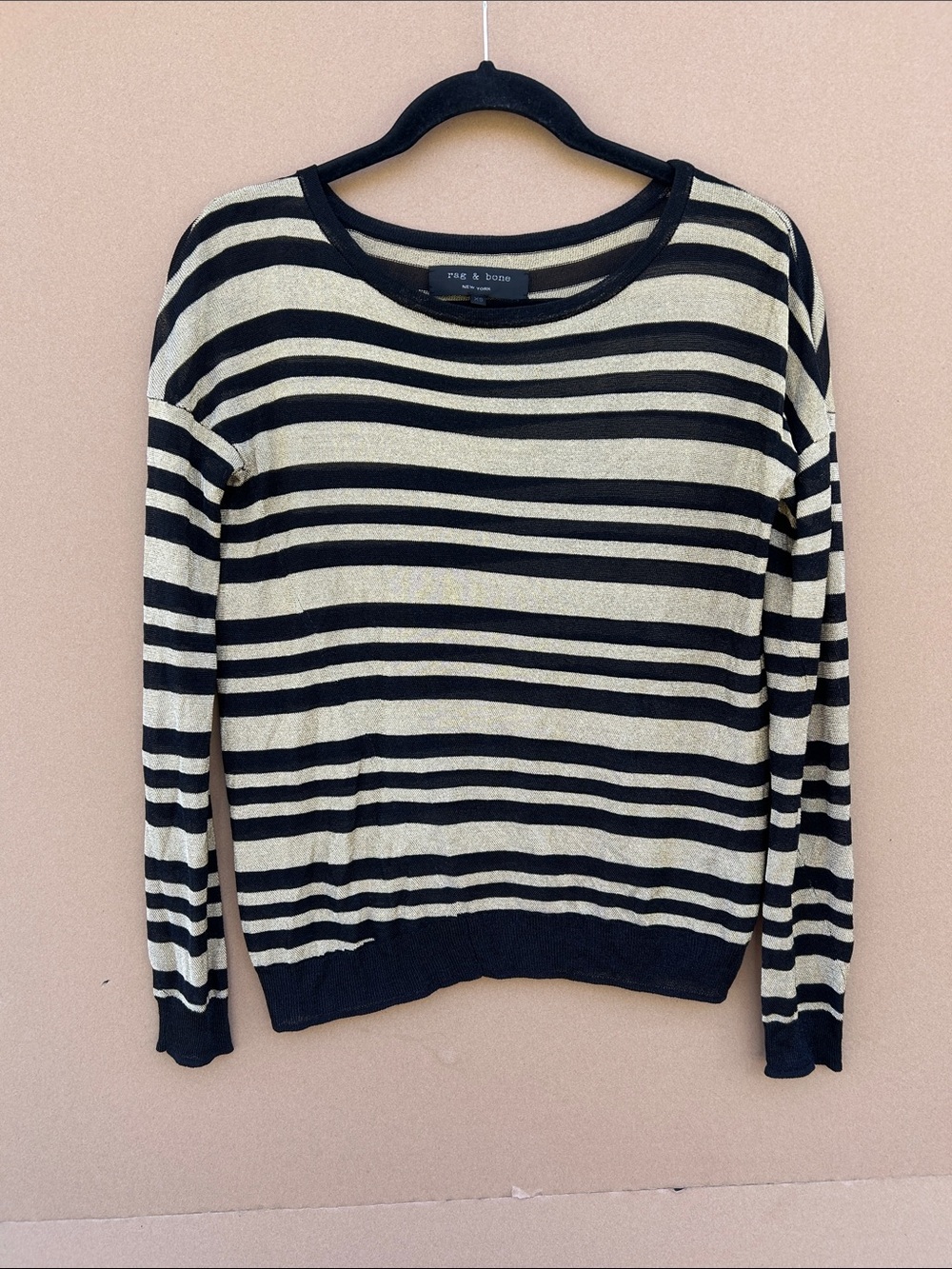 Rag & Bone Retro Mod Lightweight Knit Sweater Metallic Black Gold Striped XS